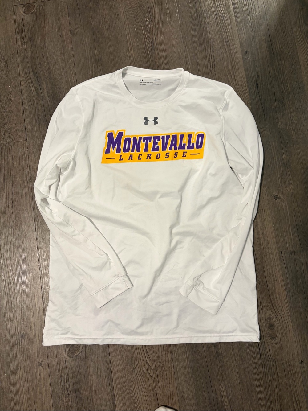 Under Armour White Long-Sleeve Montevallo Lacrosse Tee with Purple and Gold Logo
